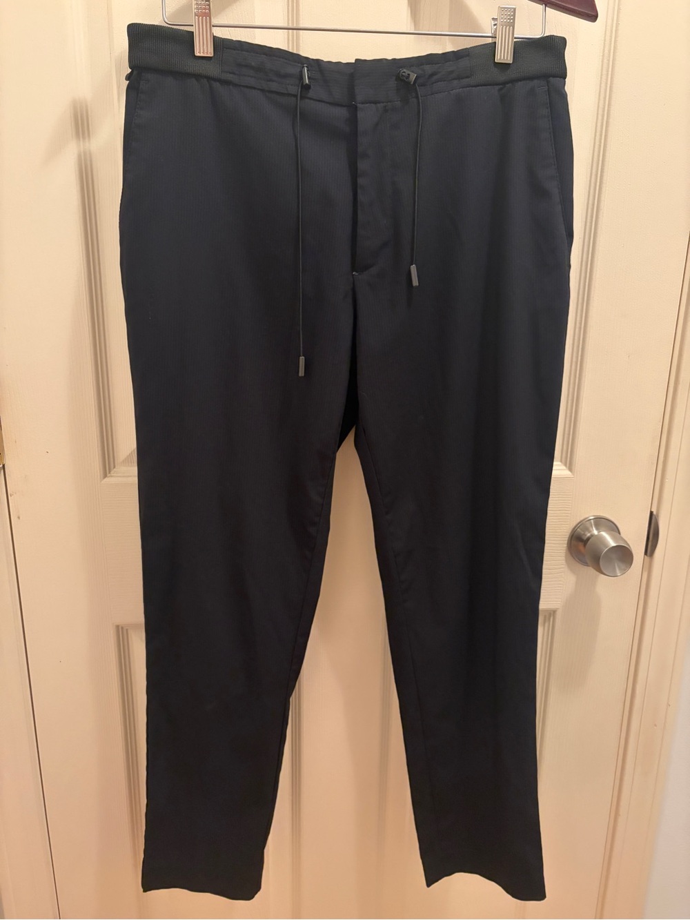 Zara Man Drawstring Dress Pants Black Pinstripe Stretch Trousers Size M